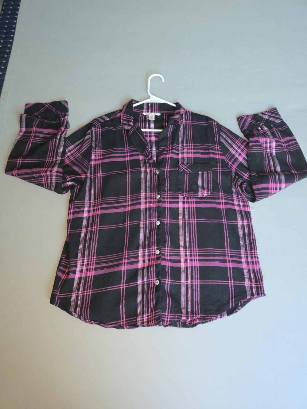 Victoria's Secret Black Pink Plaid Silver Sparkle Button Down Shirt Size M 22x26